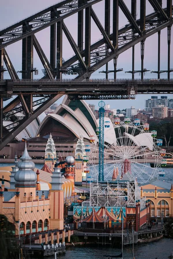 Luna Park and the Harbour Bridge with the Sydney Opera House behind — call Australia from $0.03 a minute with RobinPhone
